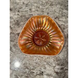 Orange Iridescent Carnival Glass Ashtray Trinket Dish Starburst Center